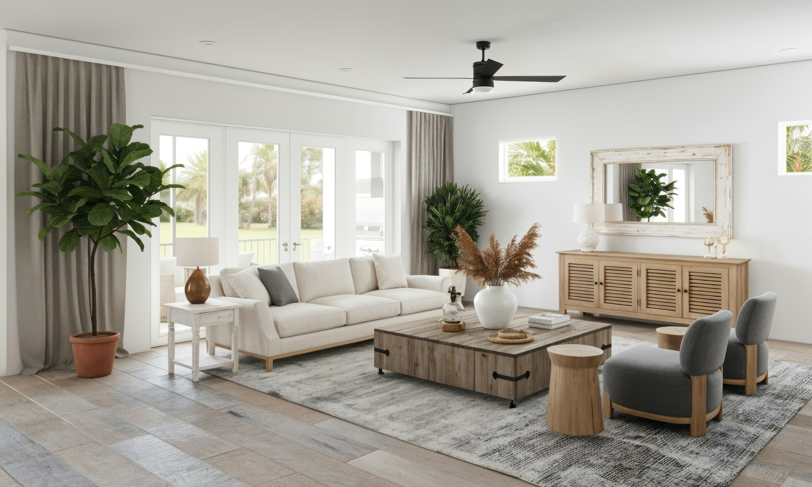 Bright, professionally staged high-end living room interior