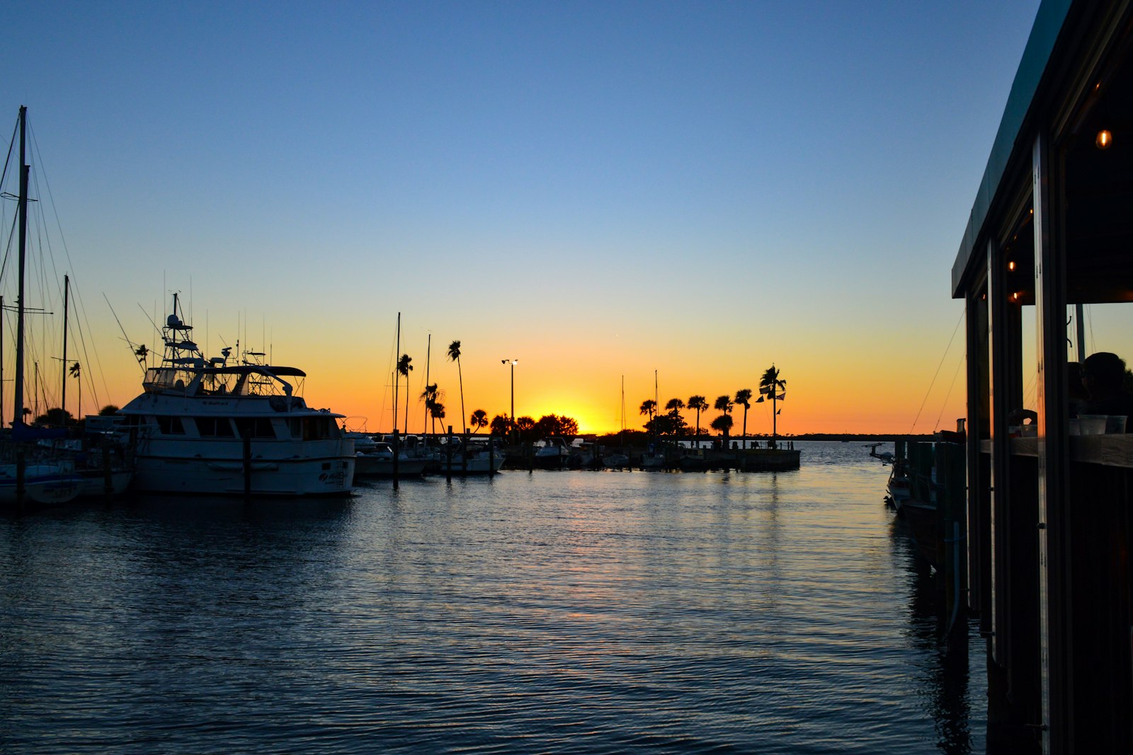 Marina with boats at sunset