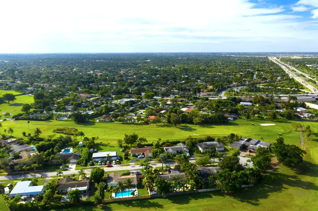 Aerial view of homes along a golf course in Kendall